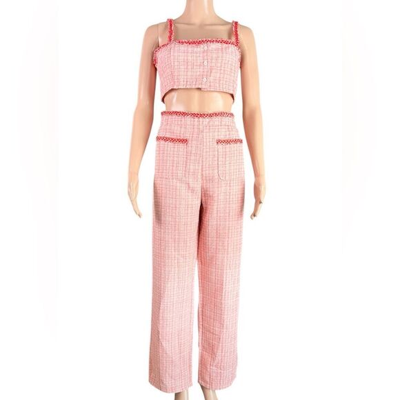 Cider Pink Tweed Pants & Cropped Tank Top Set - Picture 1 of 9